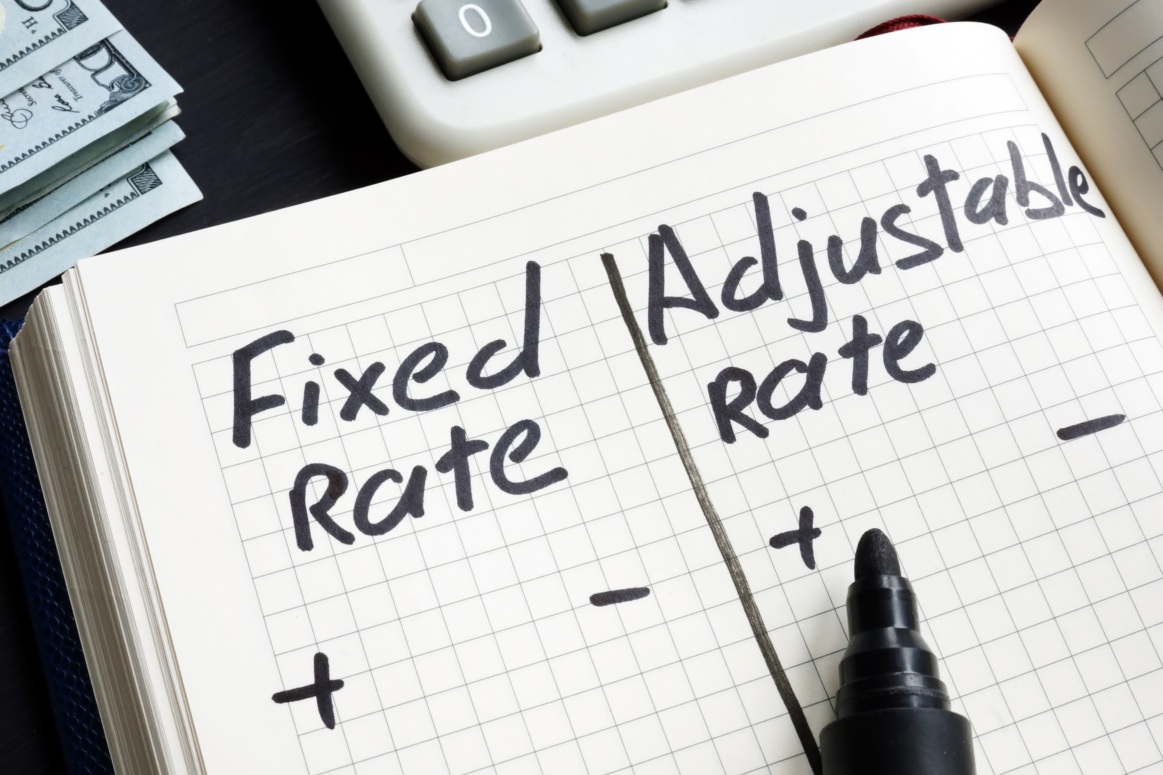 A notebook comparing fixed-rate versus adjustable-rate mortgages
