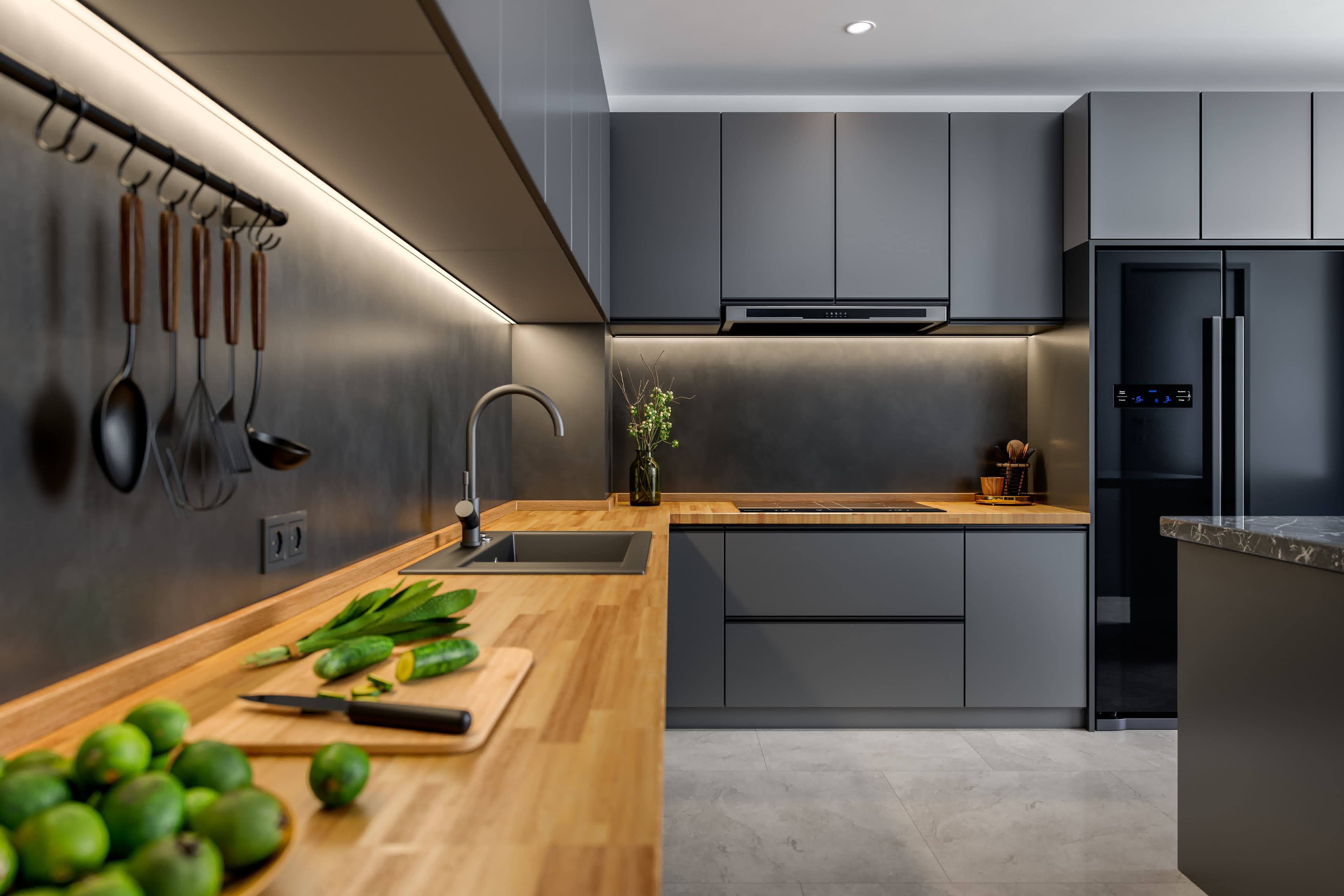 A modern dark-toned designer kitchen in a home financed with a non-QM loan