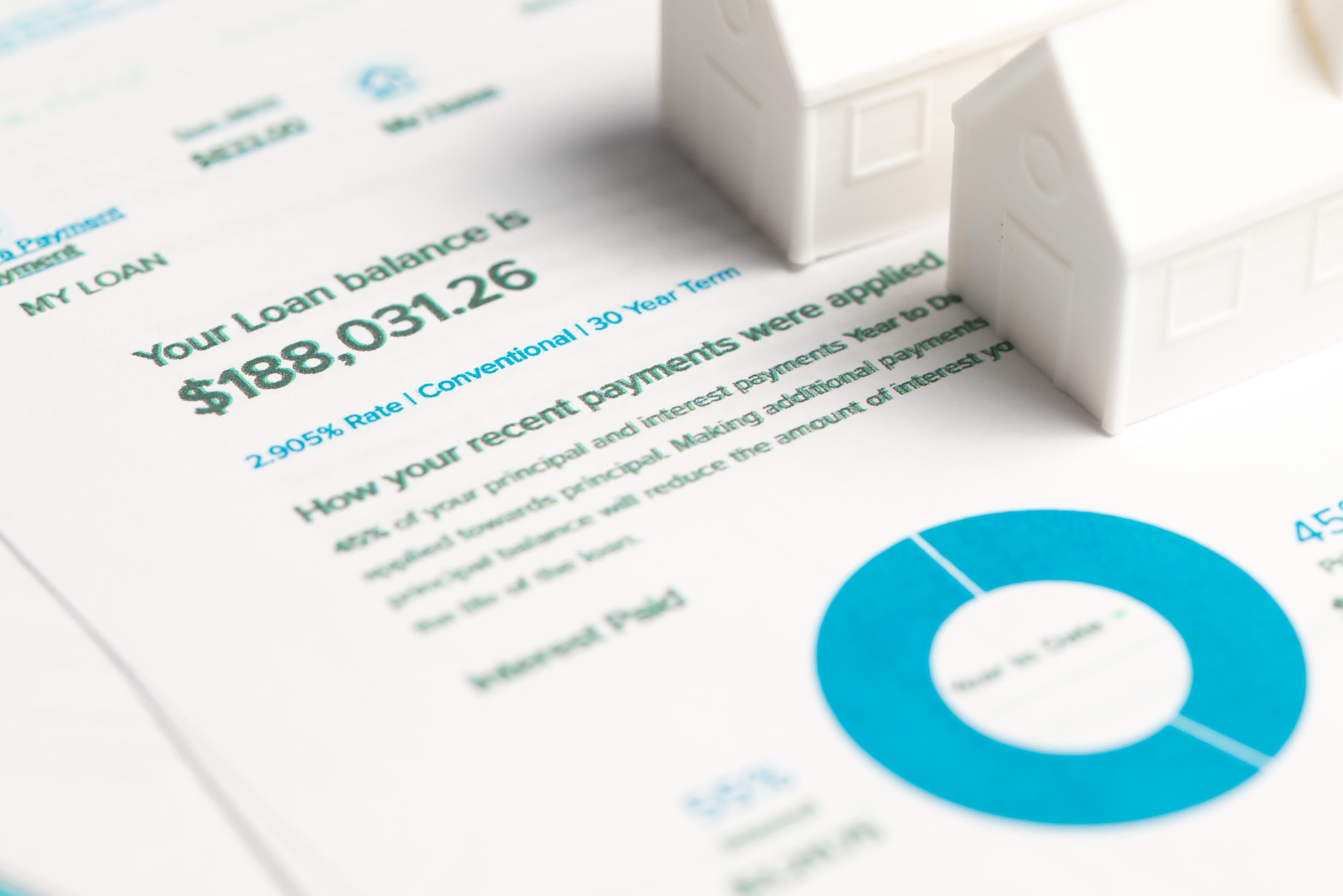 A mortgage statement showing balance and 30-year term for paying off a loan faster